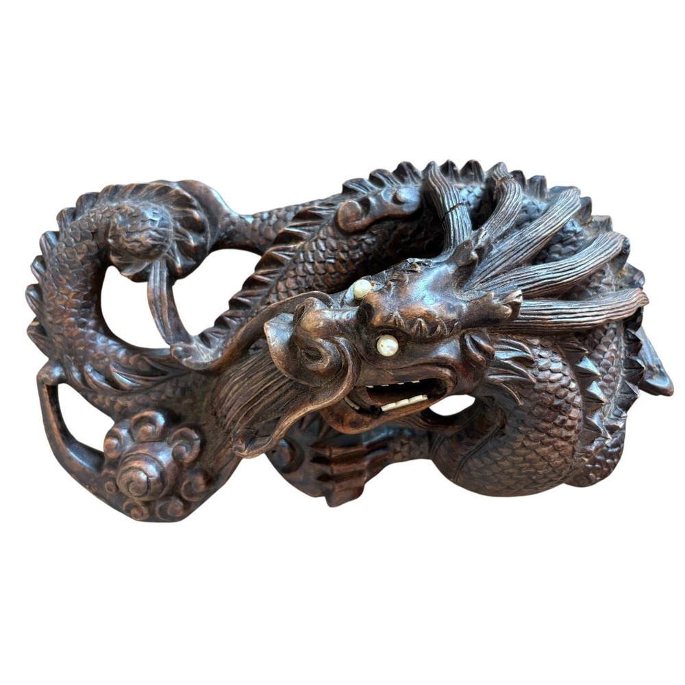 Antique Chinese Carved Hardwood Dragon Wall Plaque 10" Bone Inlay Teeth